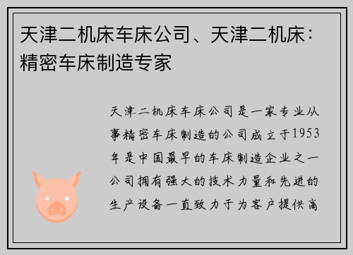 天津二机床车床公司、天津二机床：精密车床制造专家
