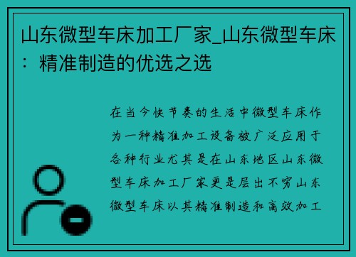 山东微型车床加工厂家_山东微型车床:精准制造的优选之选